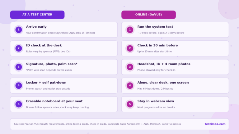 Side-by-side checklist of Pearson VUE exam-day steps at a test center versus an OnVUE online proctored exam
